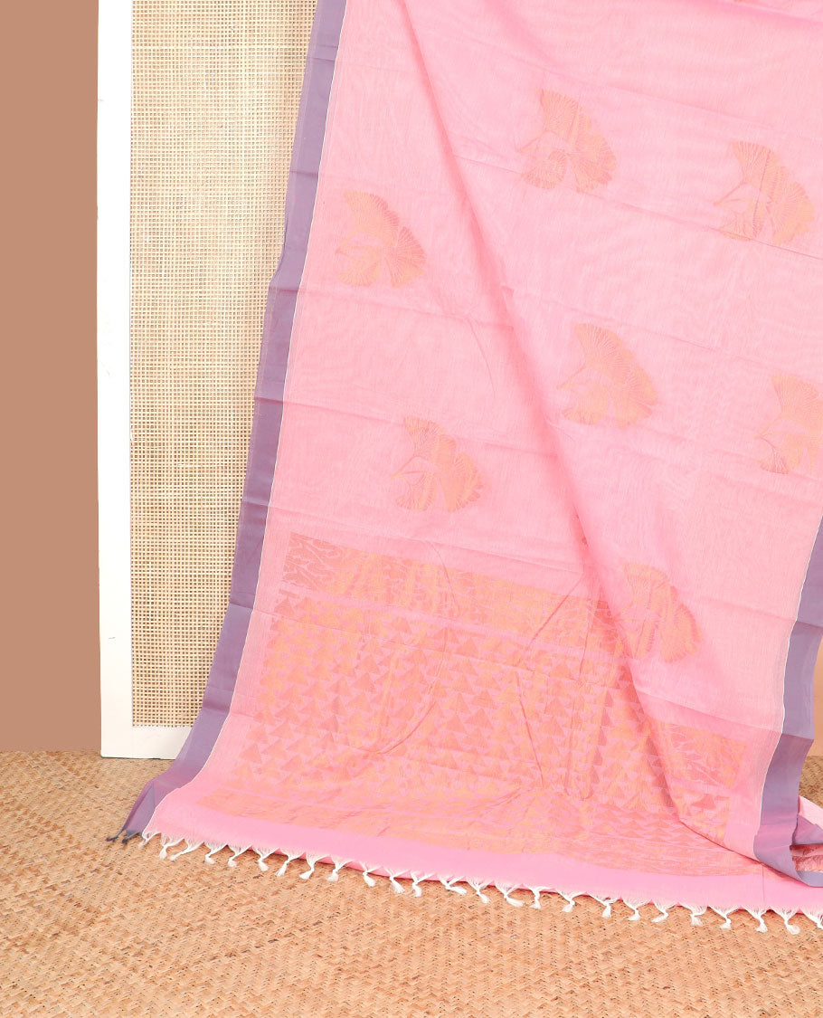 Light pink floral design kanchi cotton saree with contrast plain border & floral design pallu