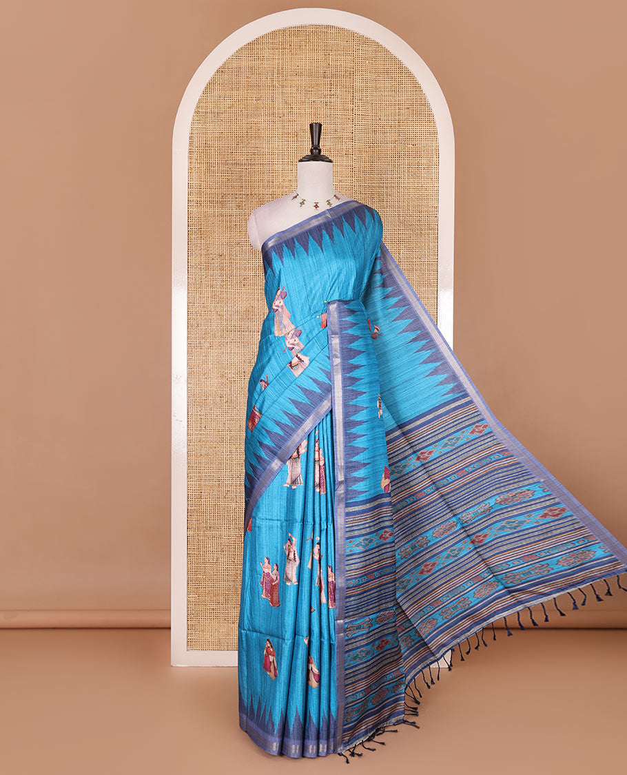 Dark blue Radha motifs printed katan silk saree, contrast temple border, ikkat motifs woven pallu, and contrast printed pallu