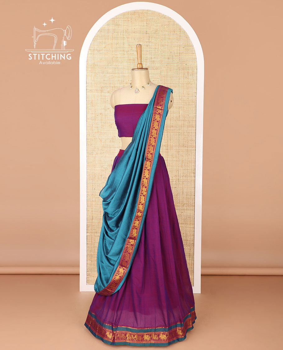 Dark lavender mercerised cotton daman zari border half saree with cotton blouse & skya georgette one side zari border dhavani