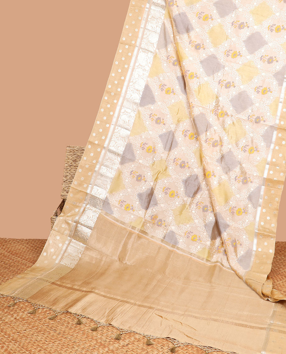 Sandal floral design dupion saree with contrast intricate zari design border & striped pallu