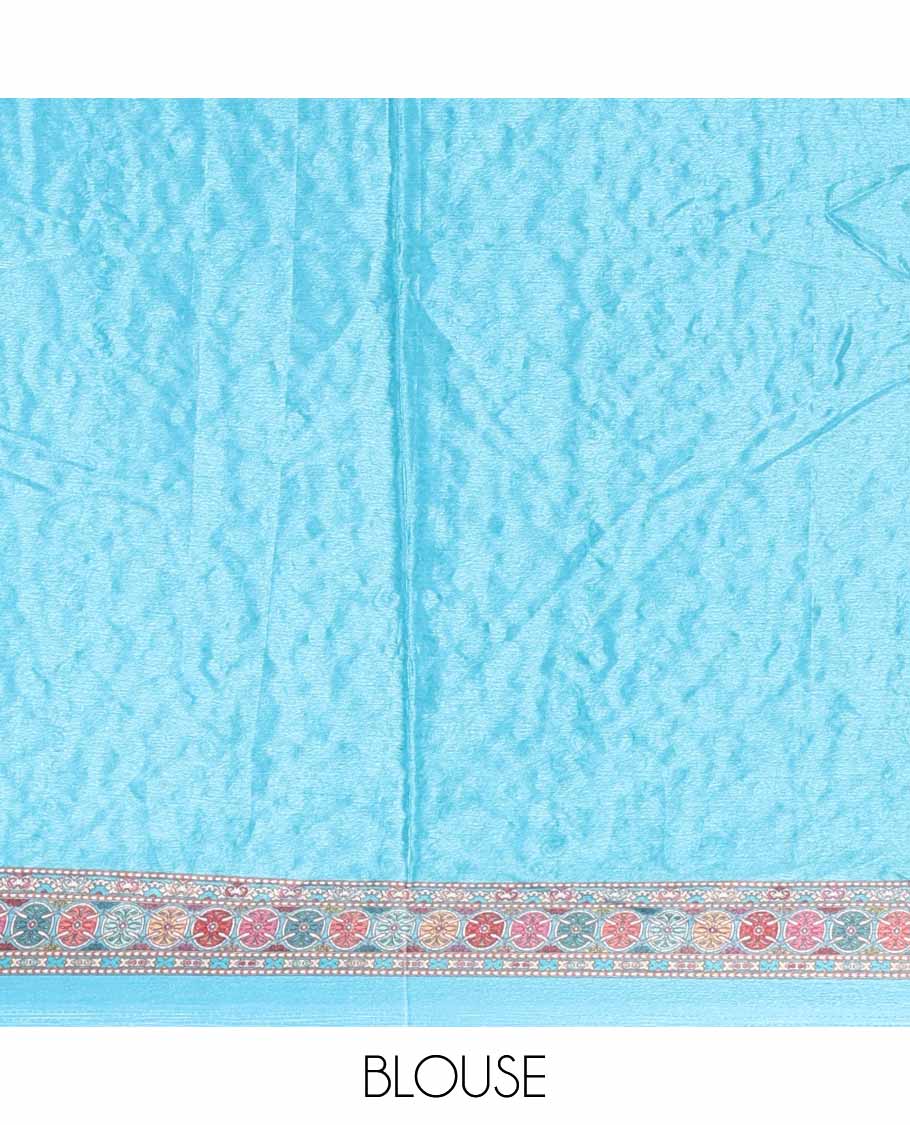 Blue geometric design, mirror work synon silk saree with printed border, mirror work & printed pallu along with plain blouse