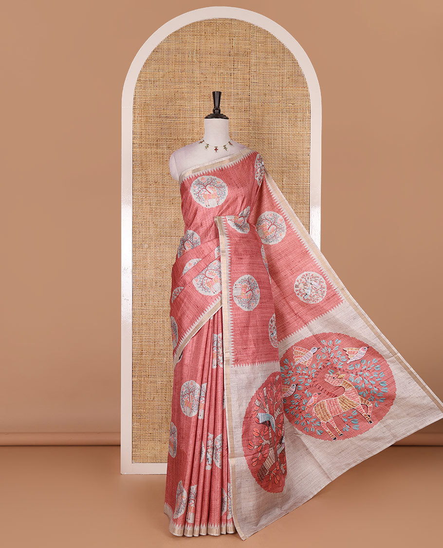 Pink Madhubani painting style deer and sparrow motifs printed semi-tussar silk saree, contrast temple border, Madhubani style pallu, and contrast bird and floral buttas printed blouse