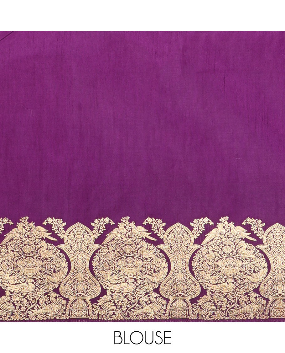 Purple zari peacock butta dola raw silk saree with kancheepuram zari border with geometrical zari pallu along with plain blouse