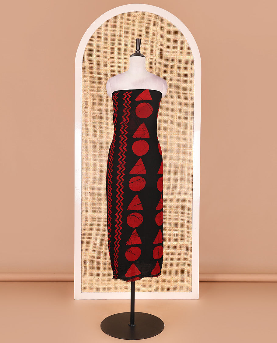 Black and red viscose georgette material churidar set, geometric shapes batik hand block printed top, plain bottom, and batik hand block printed dupatta