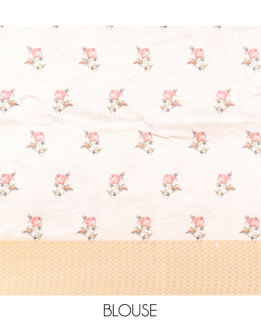 Cream Semi-Tussar Saree, Prettified with Floral Print, Zari Chevron Striped Border, and a Matching Blouse