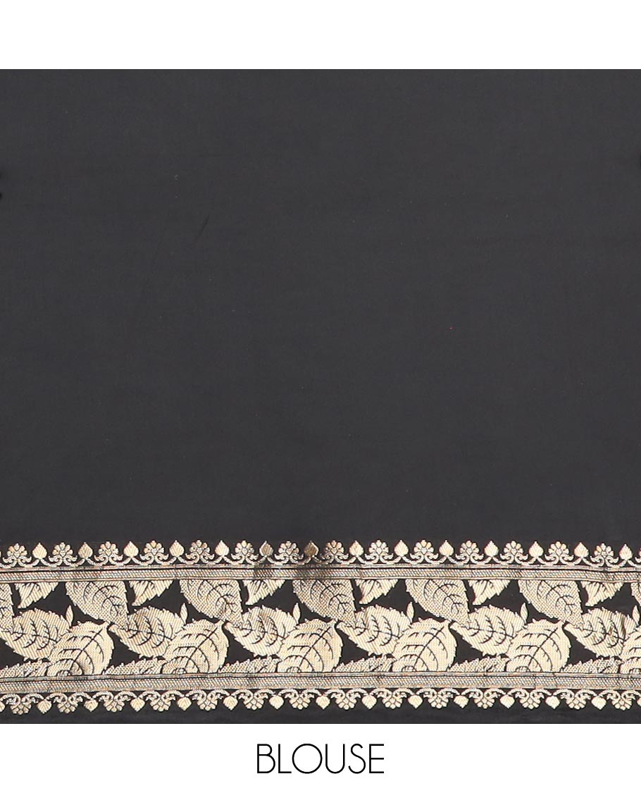 Black floral buttas dola silk saree with self leaf design border & leaf zari design pallu