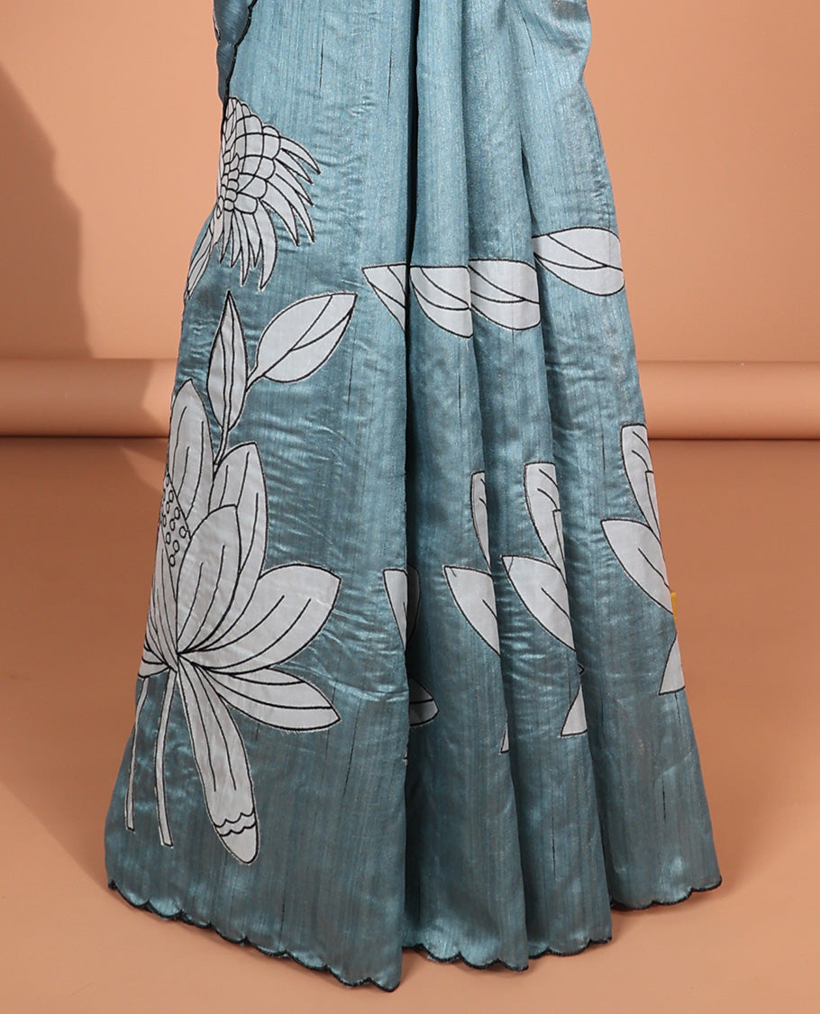 Blue all-over lake inspried design tussar saree with scallop border