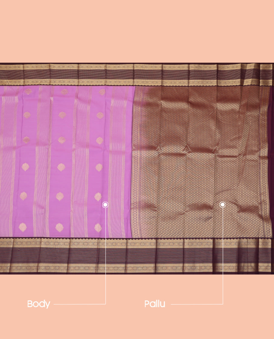 Lavender Budget Silk Saree, Embellished with Zari Buttas and Stripes, a Contrast Traditional Zari Border, Jaal Pallu, and a Contrast Blouse