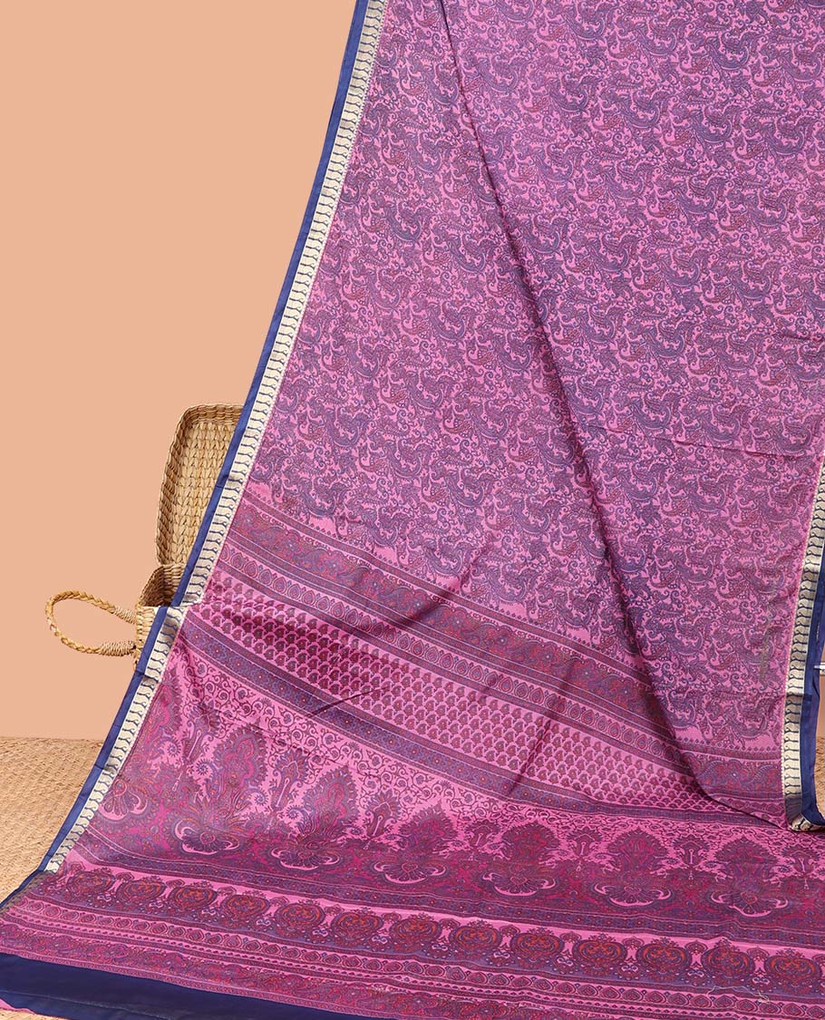 Purple intricate paisley vine semi-banaras printed saree, contrast paisley motifs border & intricate printed pallu