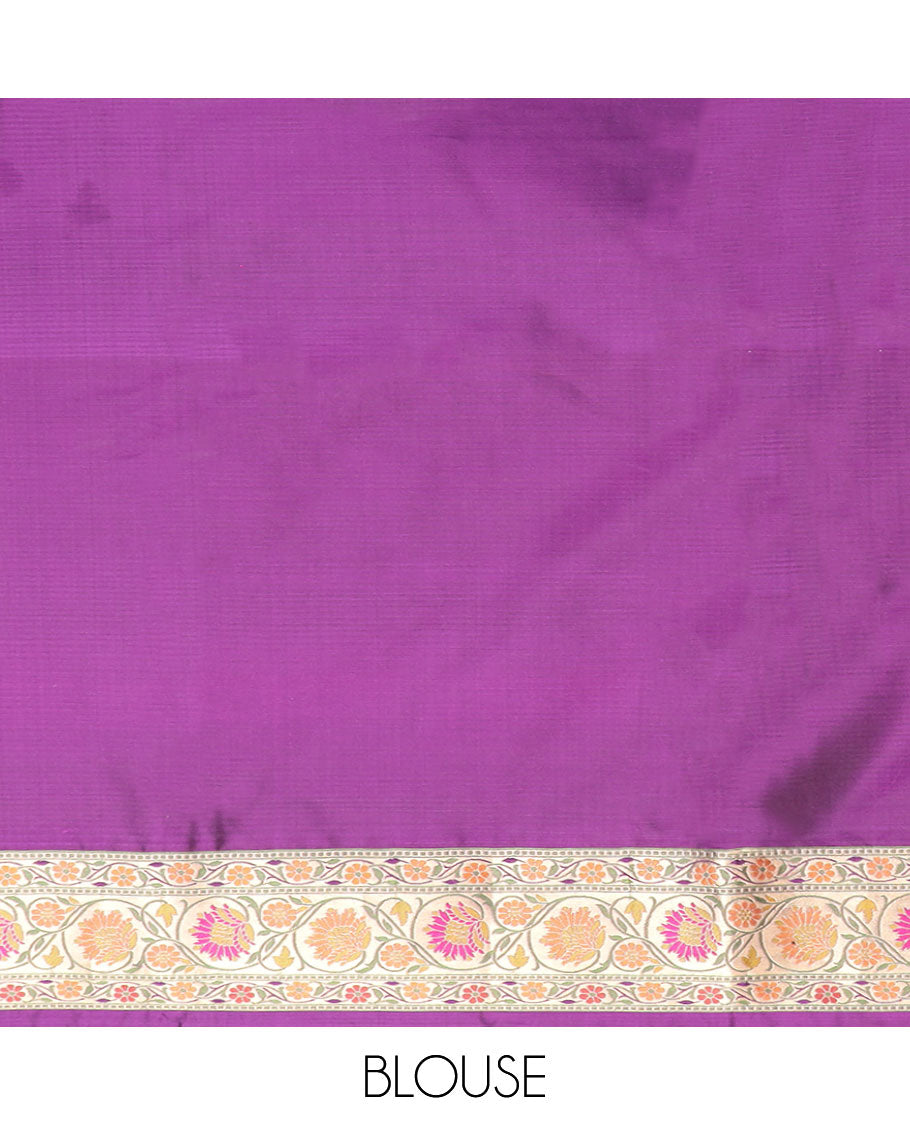 Purple floral jaal banaras silk saree with contrast floral border & floral zari design pallu
