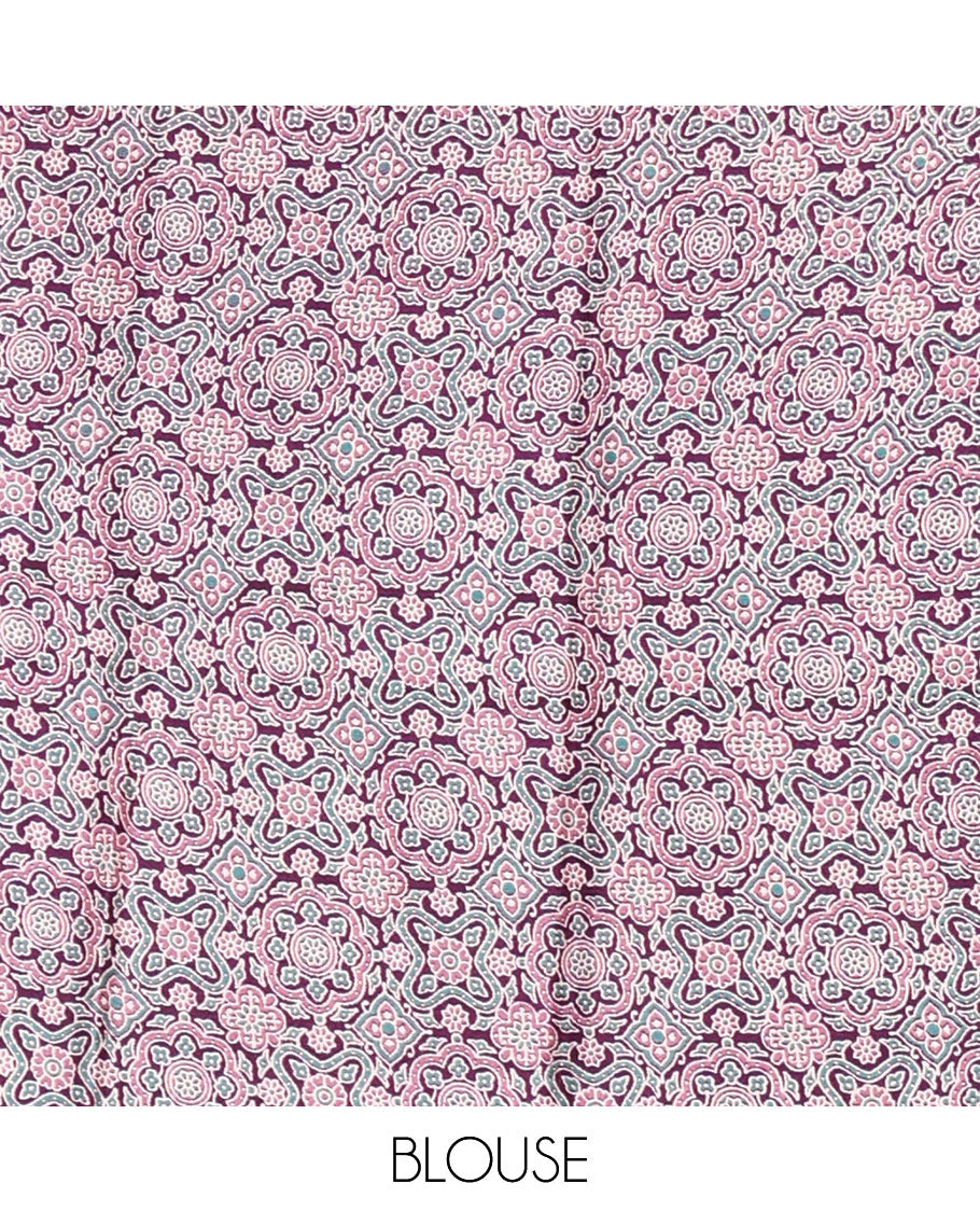 Violet plain design Turkey crepe saree, Intricately Ajrakh-printed border, pallu & matching blouse