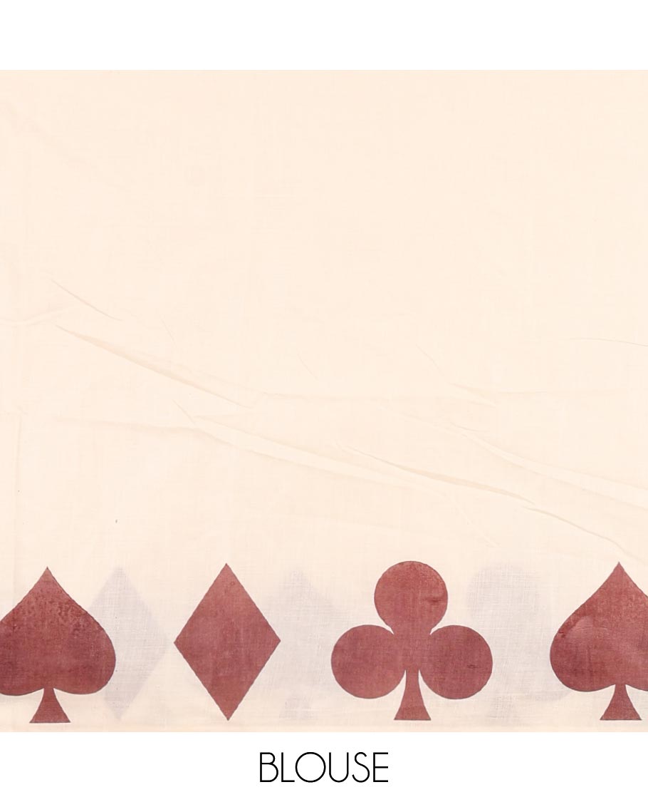 Cream-brown plain Kerala cotton saree, contrast color cards-theme printed border of Diamonds, Clubs, and Spades, leheriya-striped pallu, and plain blouse