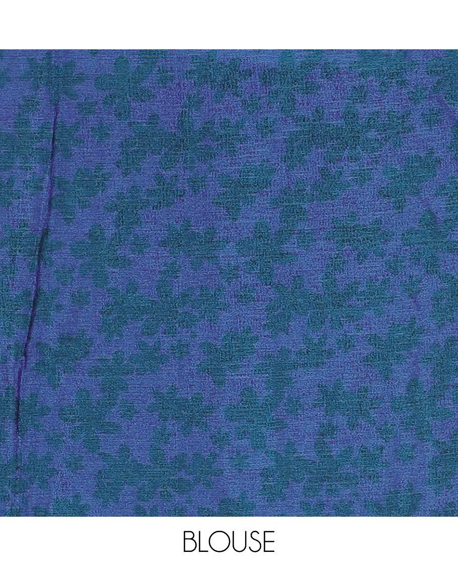 Borderless royal blue plain design viscose saree, flower motifs printed matching blouse