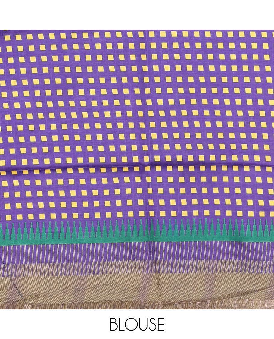 Green leheriya stripes printed katan silk saree, contrast zari piping temple border, temple pallu, and a contrast square buttas printed blouse