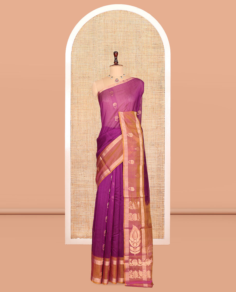 Purple Silk Cotton Saree, Mesmerized with Floral Buttas, Complemented by a Contrast Floral Zari Border, Grand Pallu, and a Contrast Blouse