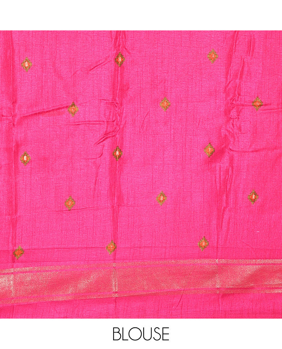 Orange pochampally style butterflies, and bird printed dola silk saree, contrast zari border, pallu of elephant palanquin, and contrast printed blouse