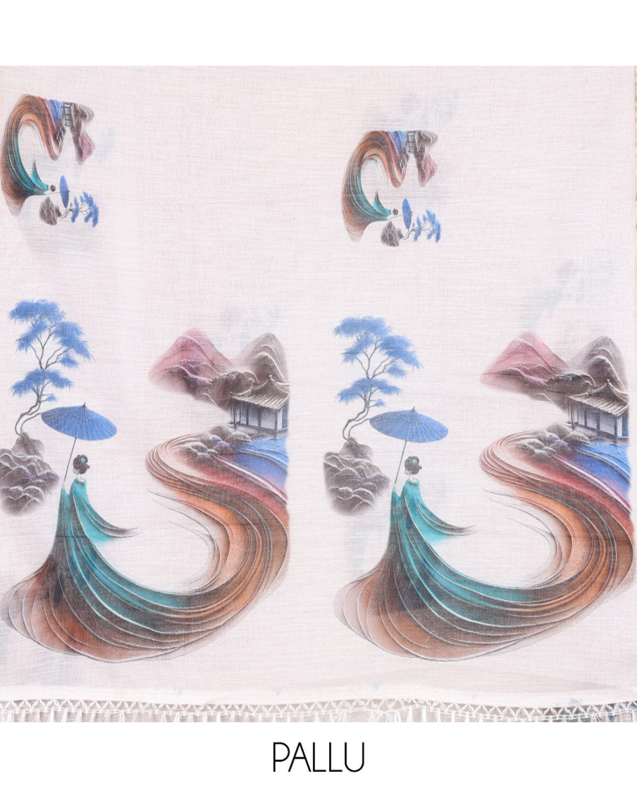 White Linen Cotton Saree Features Chinese Women Motifs Printed on Its Body, and Pallu, Subtle Piping Border, and Paired with a Matching Blouse