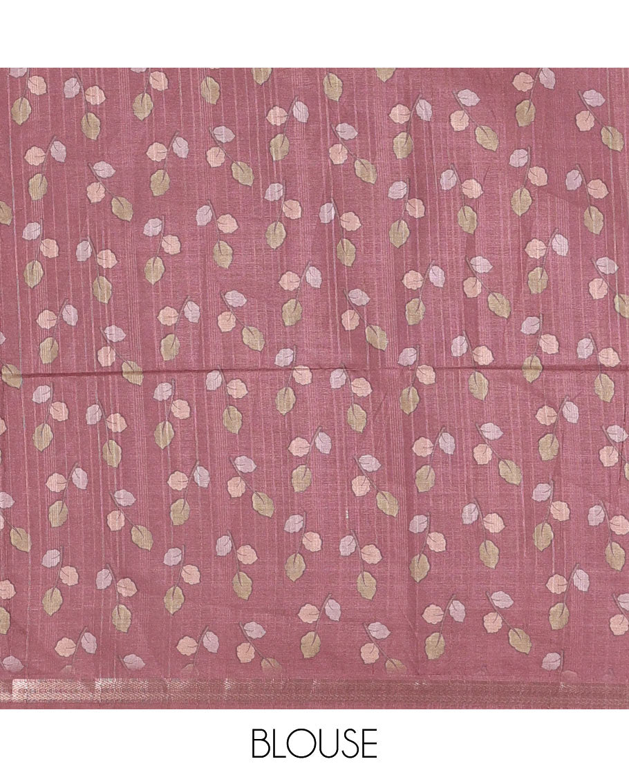 Blue shibori printed katan silk saree, contrast border, and pallu of kalamkari floral vine and peacock print, and a contrast leaf printed blouse