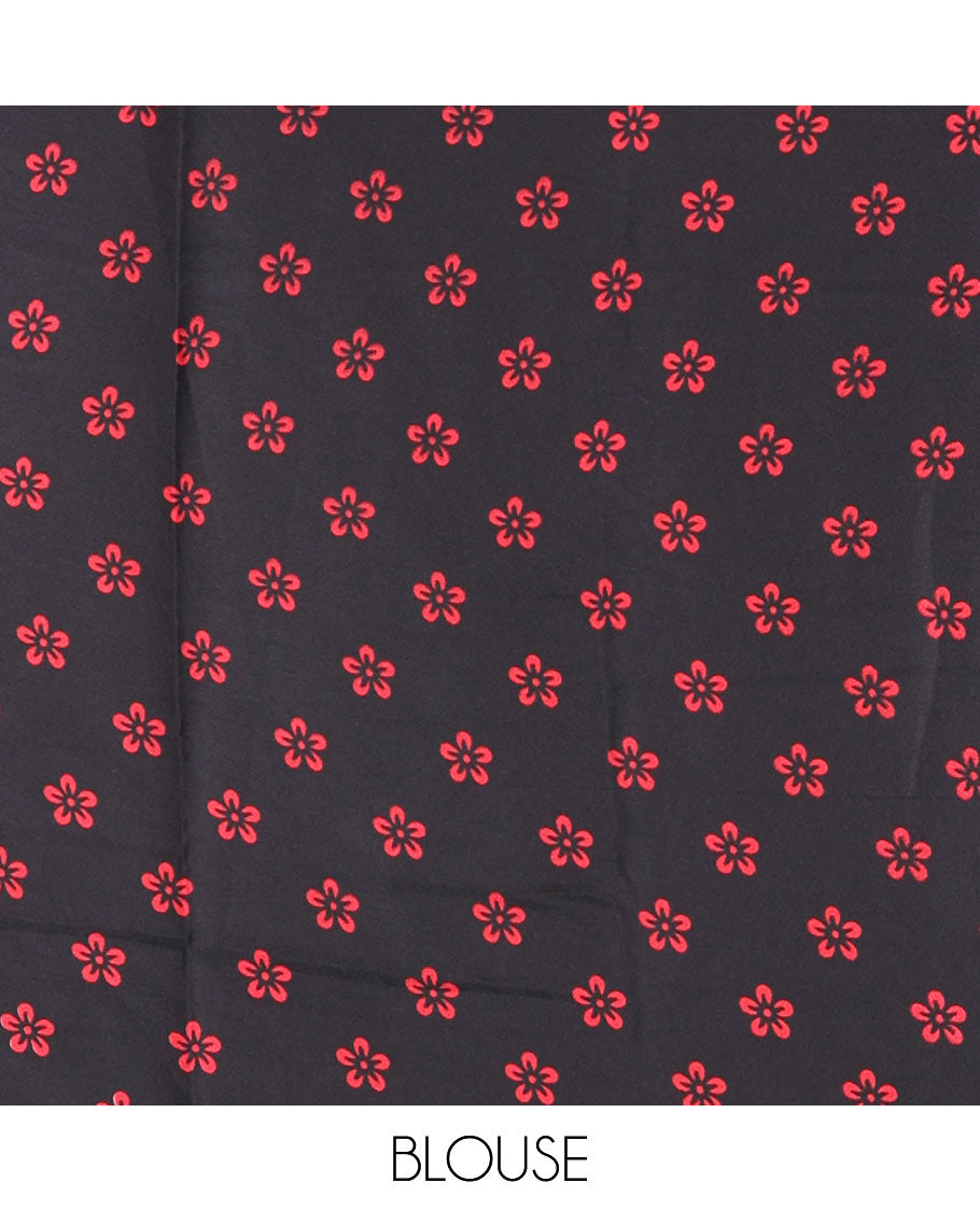 Borderless black-red batik style abstract digital printed satin crepe saree with blouse of small buttas