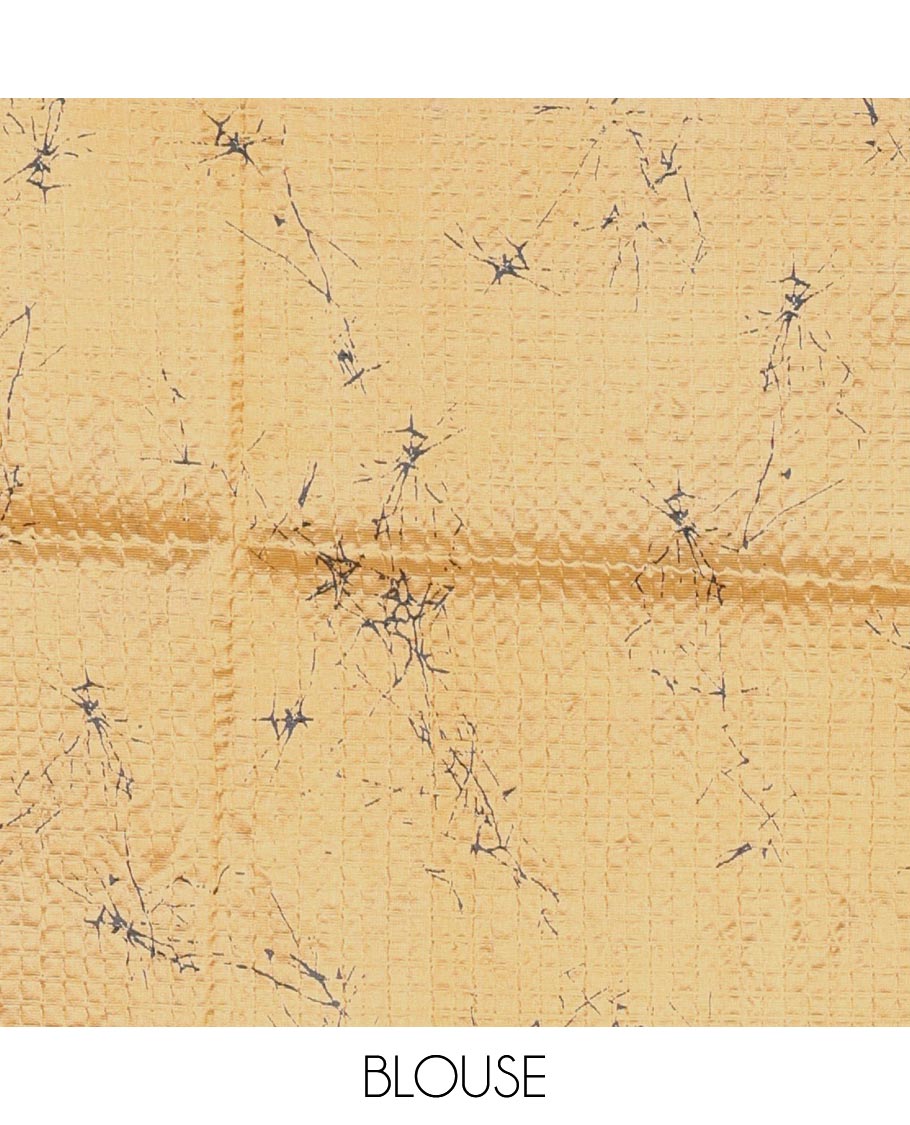 Borderless yellow abstract-geometric printed crushed litchi saree, printed pallu & running blouse