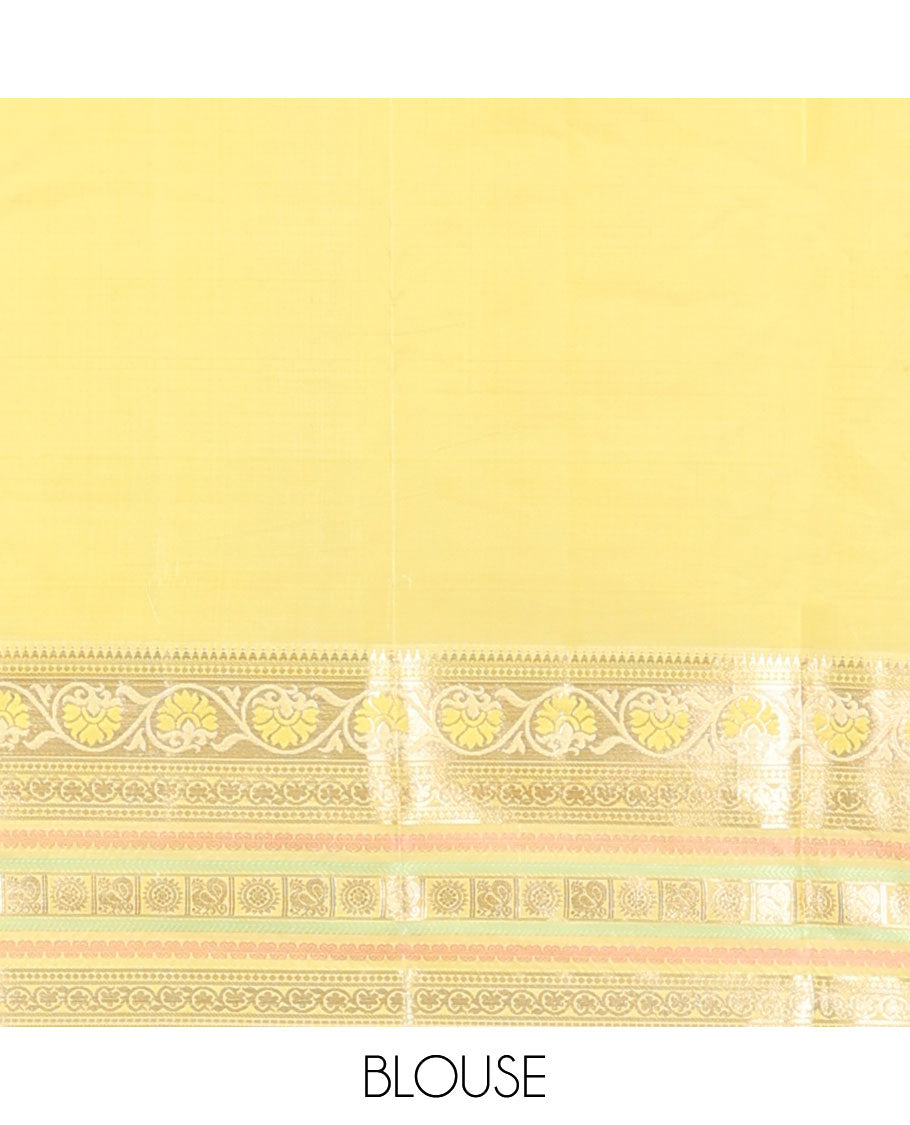 Light pink floral design vasundhara elite silk saree with contrast intricate design border & floral design pallu