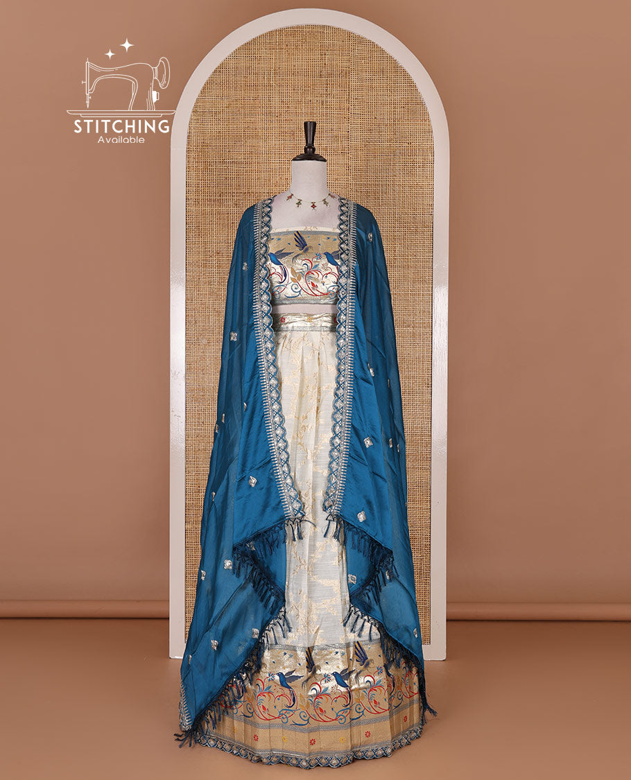 Cream banaras halfsaree, jaal jacquard skirt, contrast brown paithani border, matching blouse, and Syska georgette embroidered dhavani