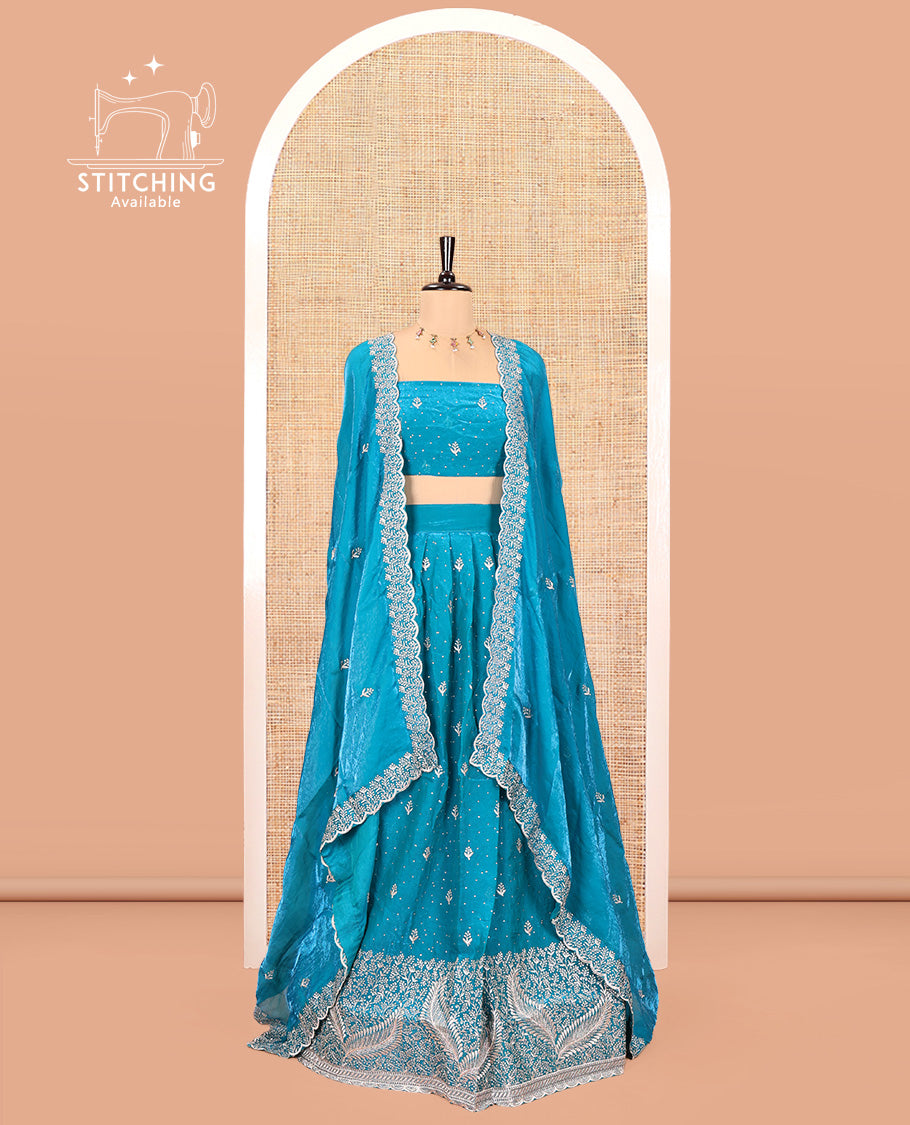 Blue Fendi Organza Half-Saree, with Embroidered Buttas on Its Skirt, Embroidered Scallop Border, Paired with a Matching Blouse, and an Embroidered Fendi Organza Scallop Dhavani
