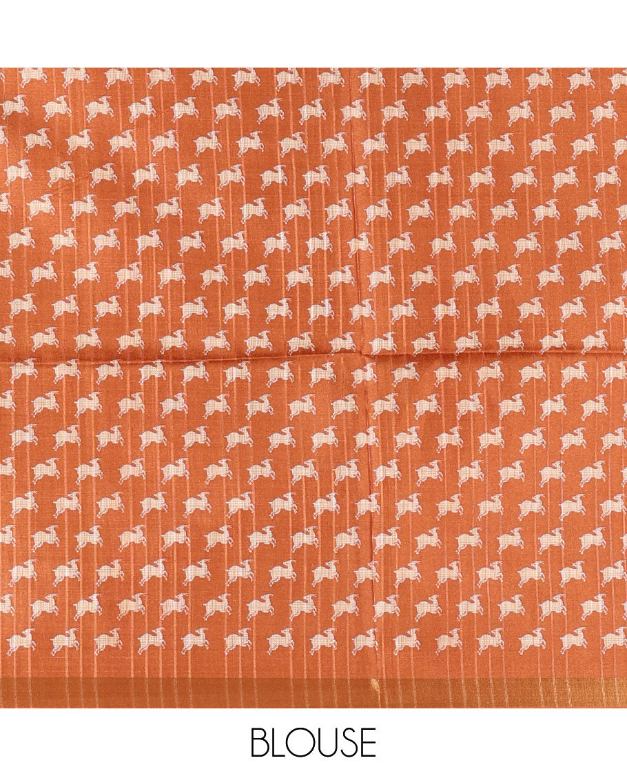 Grey and orange Pochampally ikkat printed katan silk saree, contrast deer motifs printed zari border, jaal printed pallu, and contrast deer motifs printed blouse