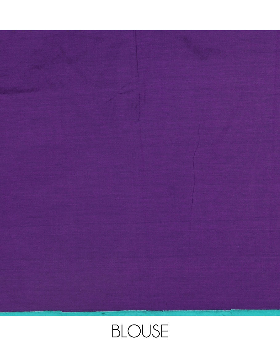 Borderless dark violet floral motifs block printed south cotton saree with a matching blouse and a contrast geometric printed blouse