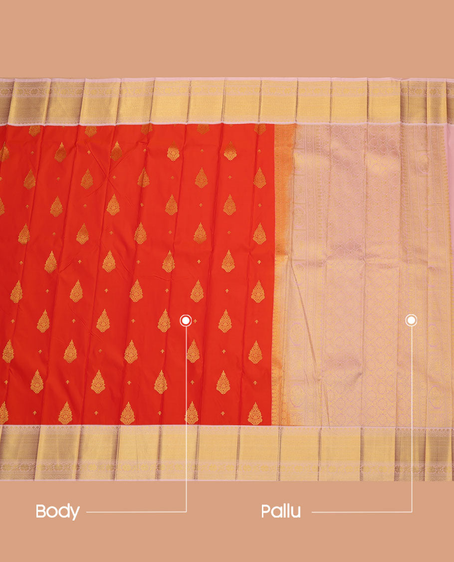 Orange Budget Silk Saree, Mesmerized with Zari Buttas All Across Its Body, Complemented by a Captivating Contrast Traditional Zari Design Border, Pallu of Intricate Designs, and Paired with a Contrast Blouse