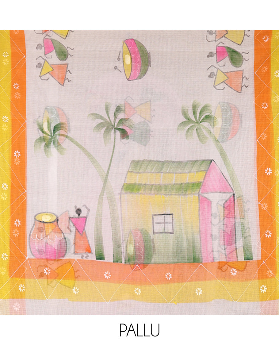 Cream Kota Doria Saree with Artful Warli Print, a Contrast Border, Village Printed Pallu, and a Matching Blouse