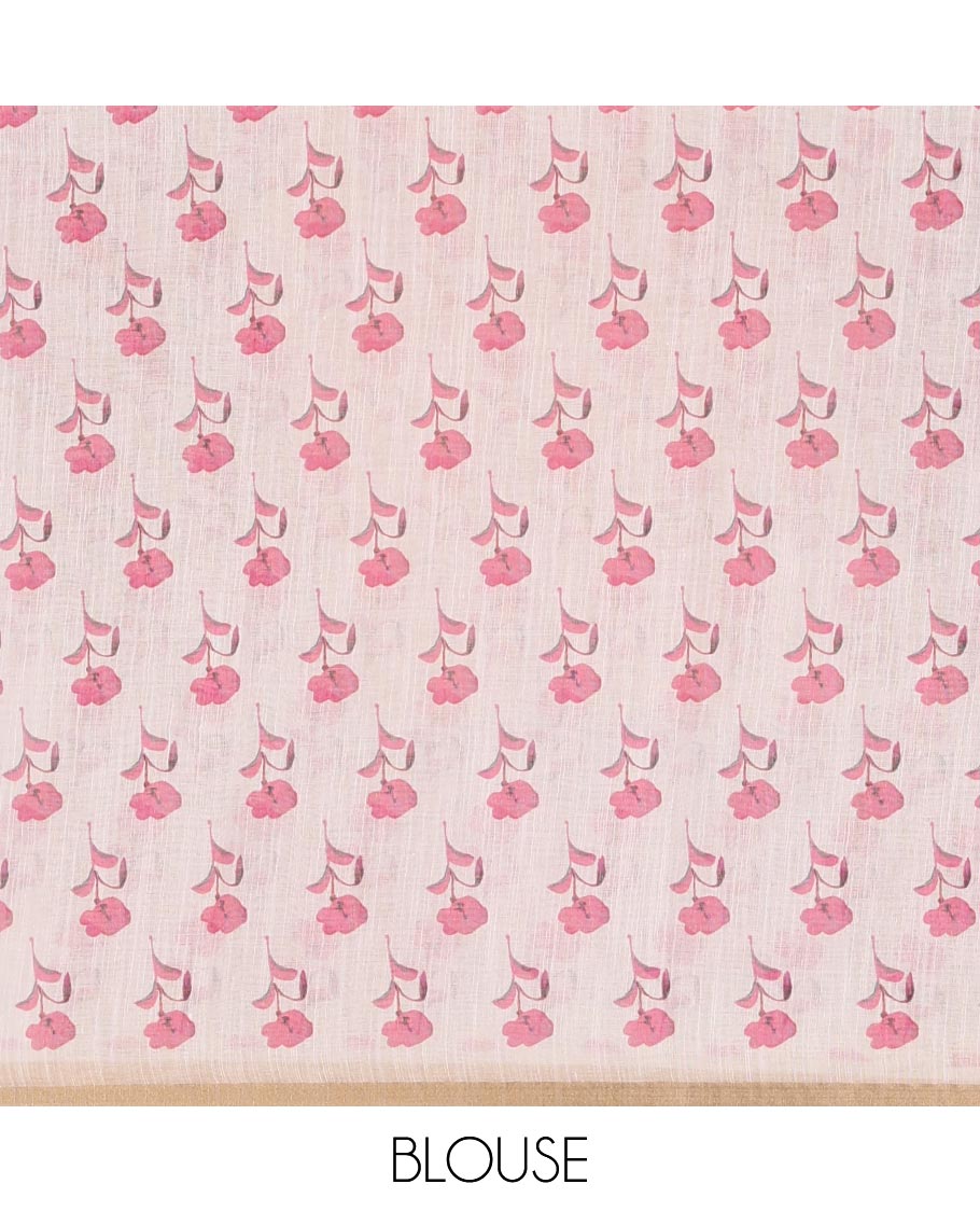 White-base pink color floral creeper printed linen saree, zari piping border, floral creeper print pallu & floral print blouse