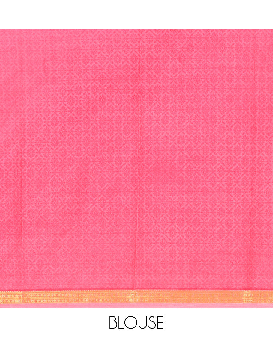 Pink Printed Silk Saree, Accentuated with Floral Vine Print, a Traditional Zari Border, Floral Pallu, and a Matching Blouse