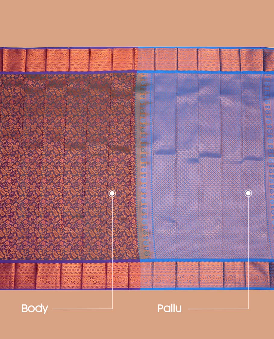 Purple Budget Silk Saree, Elevated with Floral Vine Design, Complemented by Contrast Traditional Floral Creeper Zari Border, a Jaal Pallu and a Contrast Blouse