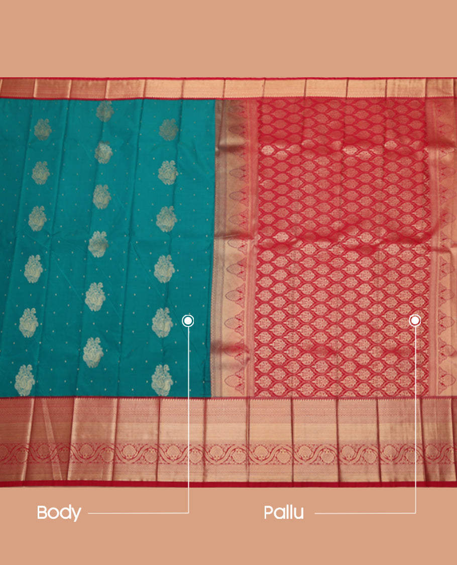 Green Budget Silk Saree, Detailed with Zari Buttas, Complemented by a Contrast Traditional Zari Border, Grand Pallu, and a Contrast Blouse