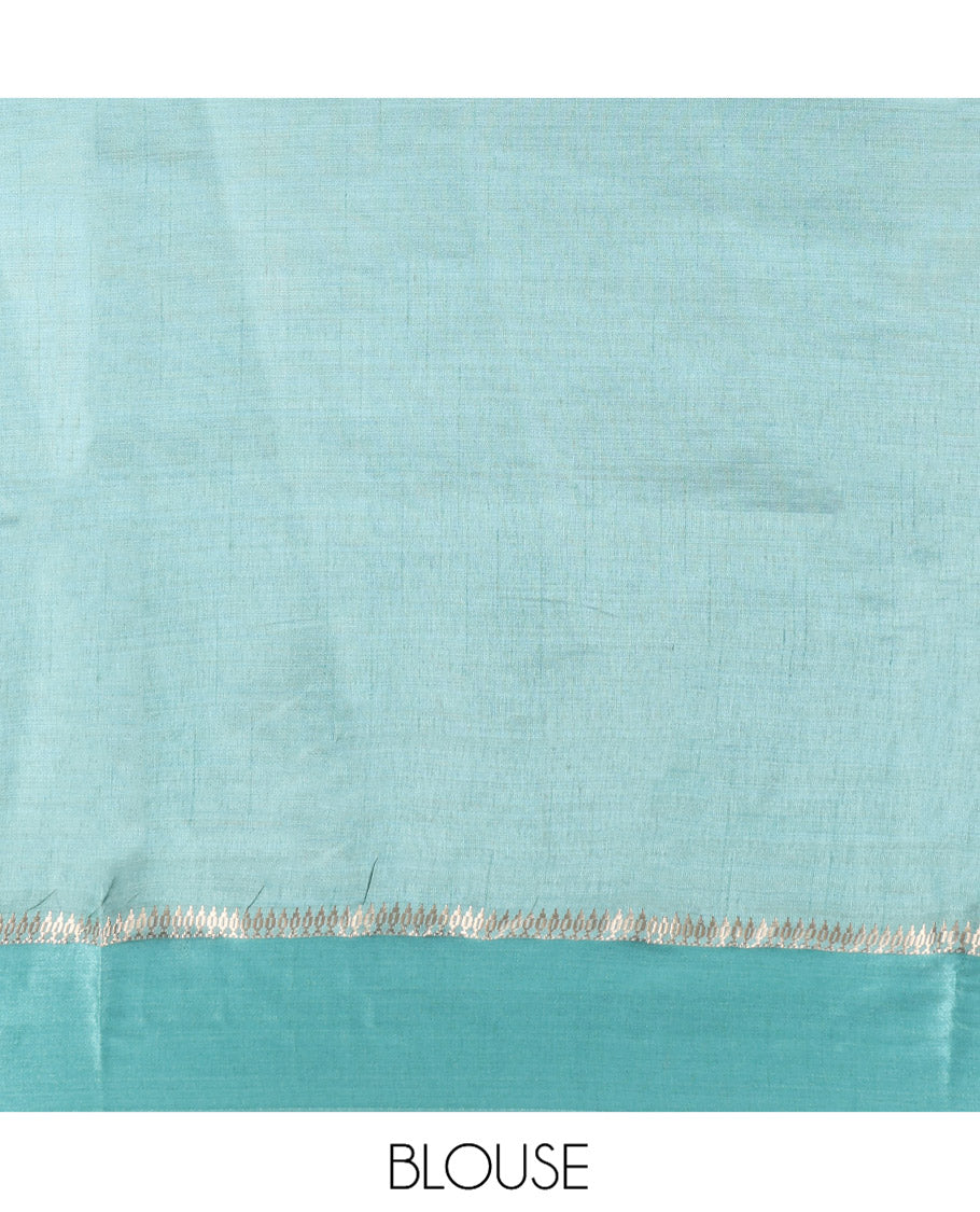 Blue Semi-Banaras Dupion Saree, Steeped with Buttas, Complemented by Contrast Border, Grand Jaal Pallu, and a Contrast Blouse