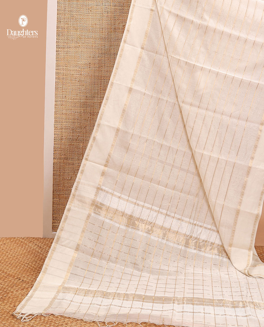 White striped maheshwari cotton saree with self zari design border & checked pallu