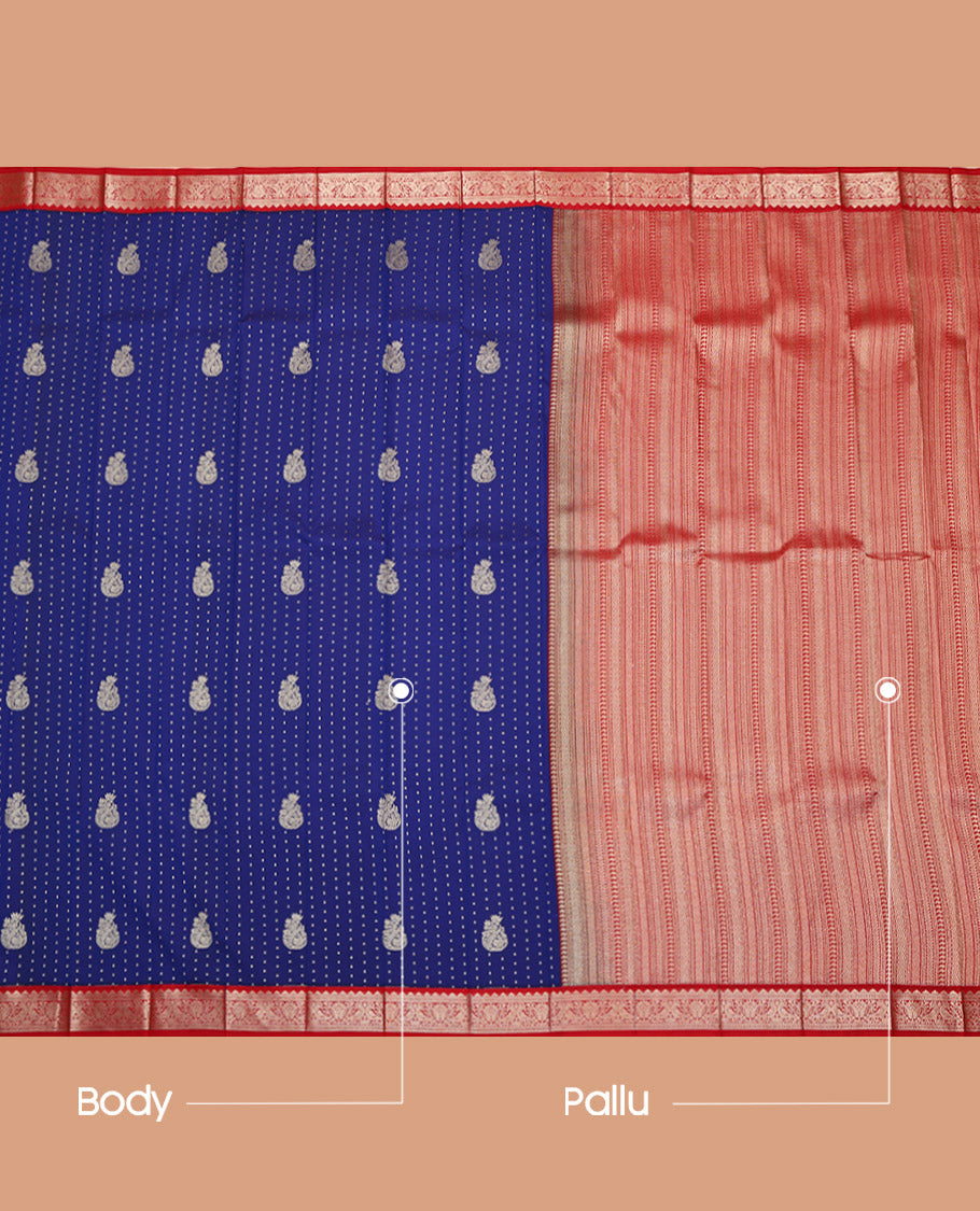 Royal Blue Budget Silk Saree, Woven with Zari Buttas All Over Its Body, Complemented by a Contrast Traditional Zari Design Border, Grand Geometric-Patterned Pallu, and Paired with a Contrast Blouse