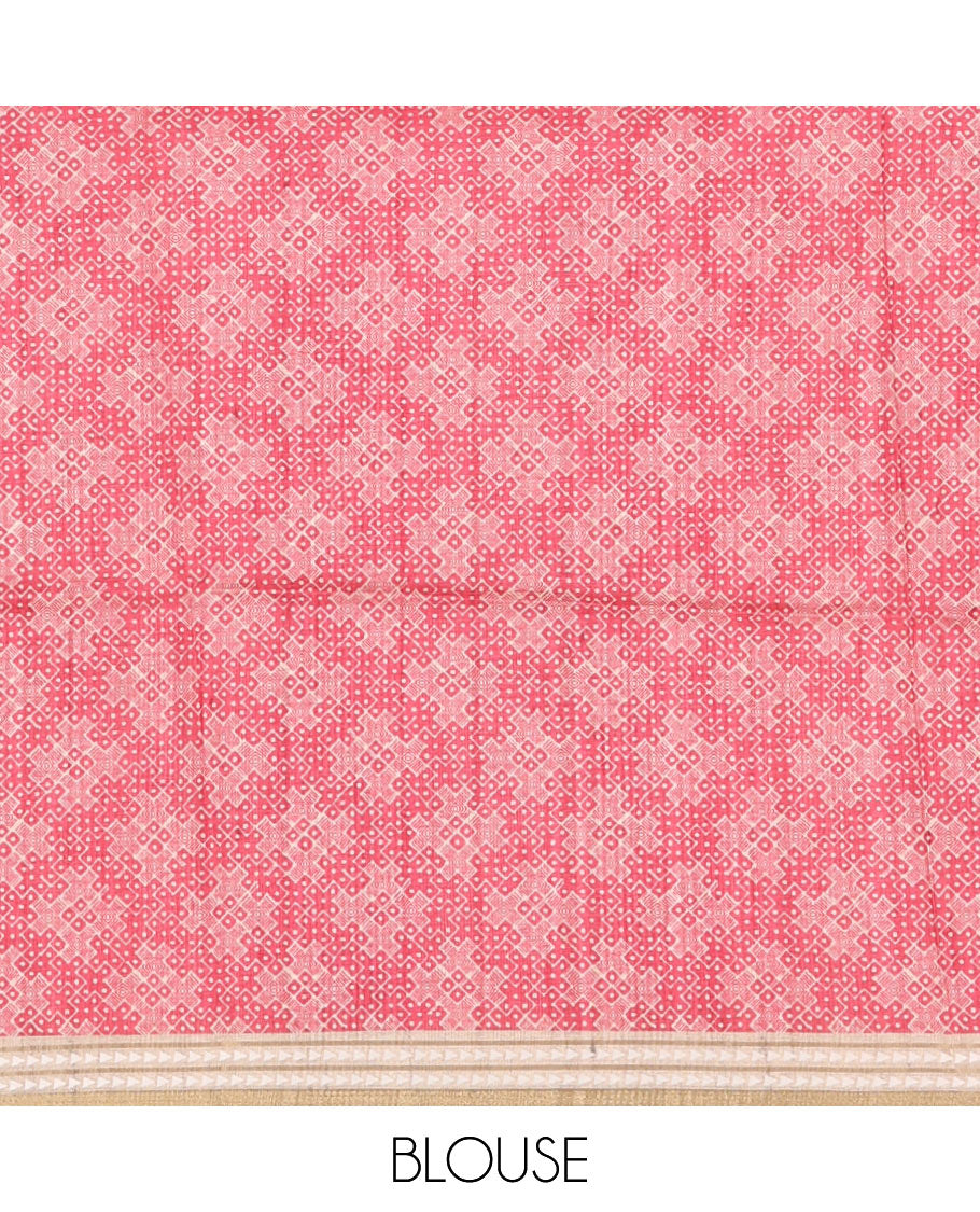 Pink lehariya-style striped semi-tussar saree, contrast resham thread triangle motifs border, diamond printed pallu & contrast printed blouse