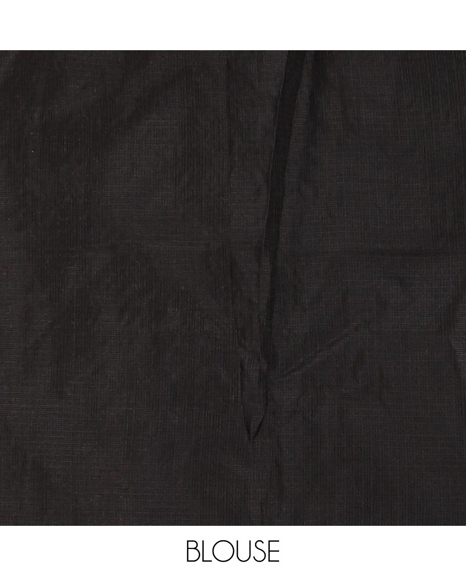 Black all-over red-thread intricate motifs embroidered Kota chex saree, lace border, and plain black blouse