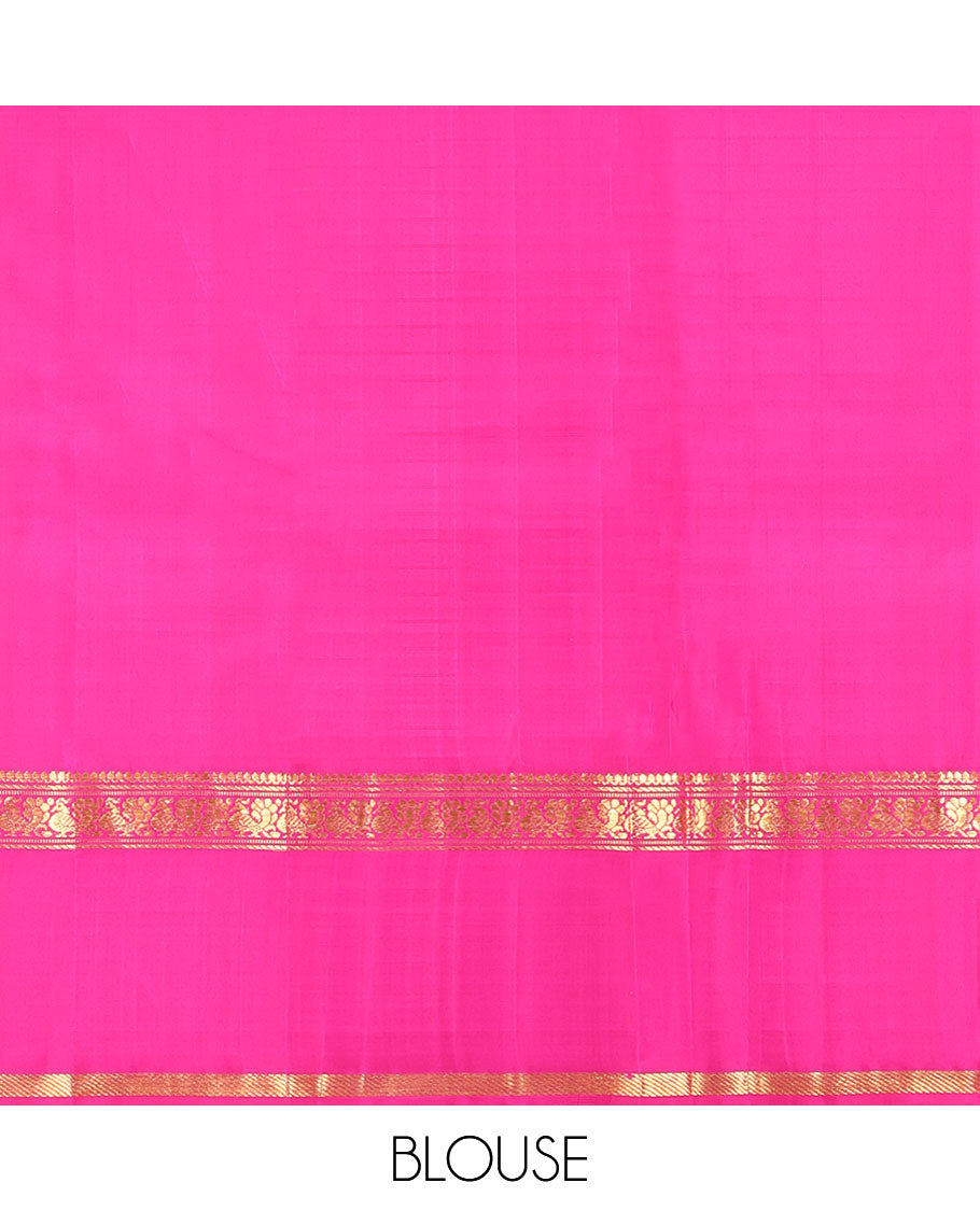 Violet Kanchipuram Silk Saree, Beautified with Stripes on Its Body, Complemented by a Contrast Rettai Pettu Border of Thilakam Mokku, Banaras, Muthu, and Mayil Designs, Subtly Zari Striped Pallu, and Paired with a Contrast Blouse