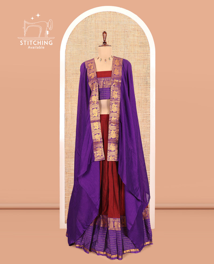 Maroon-Violet Mercerised Cotton Half-Saree, Contrast Annam Bordered Skirt,Matching Blouse,Contrast Dhavani