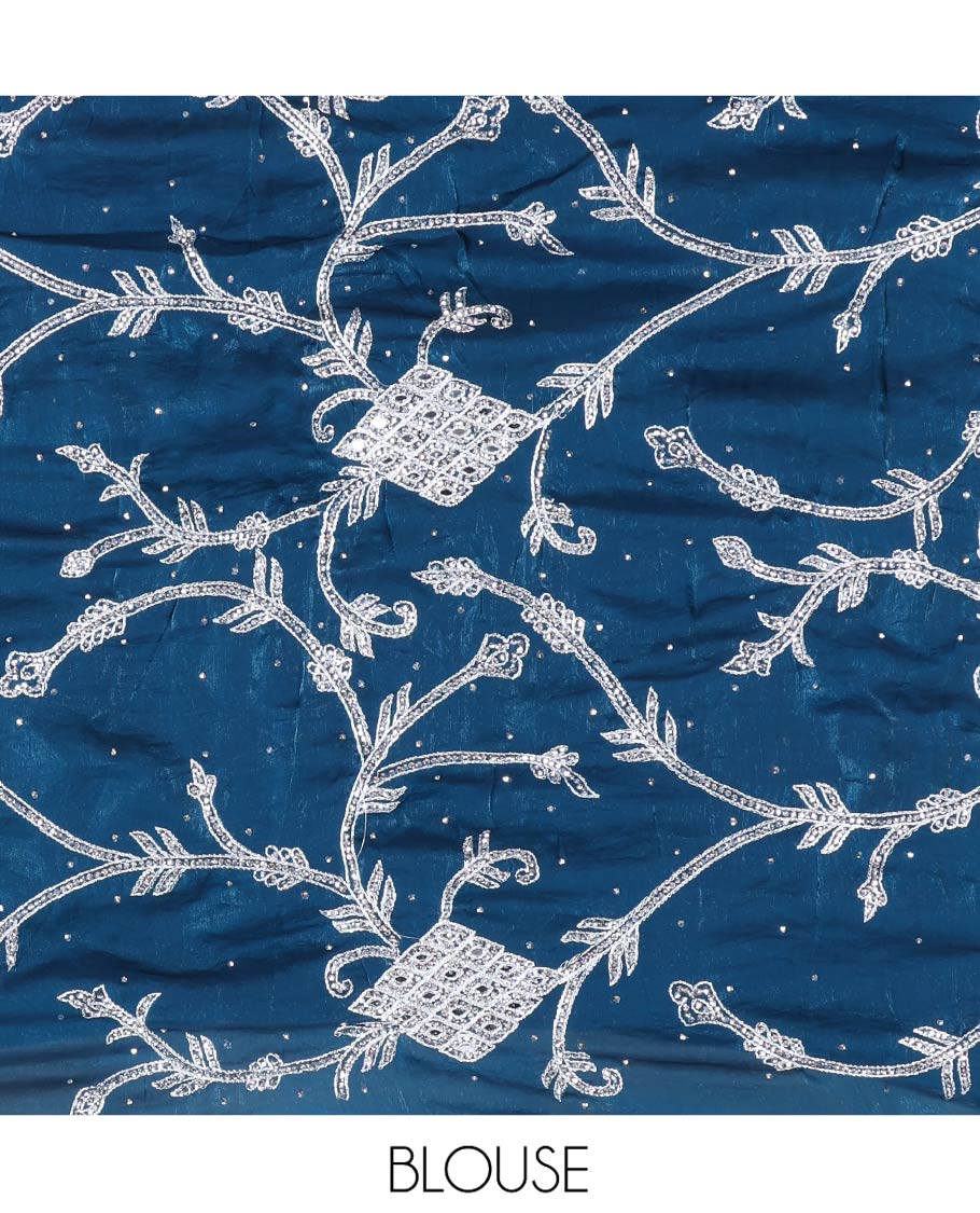 Blue Designer Saree, Richly Detailed with Floral-Jaal Style Mixed Embroidery on Its Body, Highlighted by Jaal-Patterned Scallop Embroidered Border, Self-Design Pallu, and Paired with a Heavy Embroidered Matching Blouse