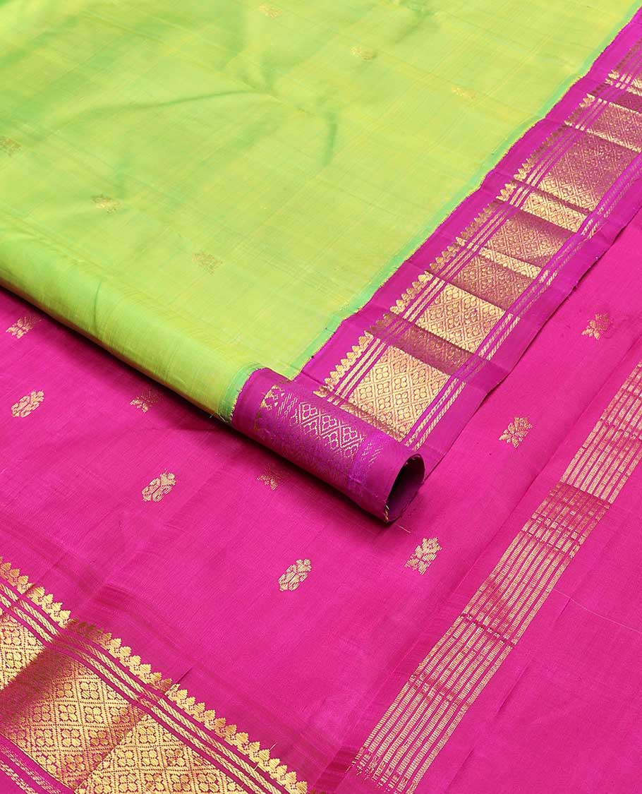 Green buttas kanceepuram silk saree with contrast korvai border of thilakam mokku, banaras design & zari design pallu