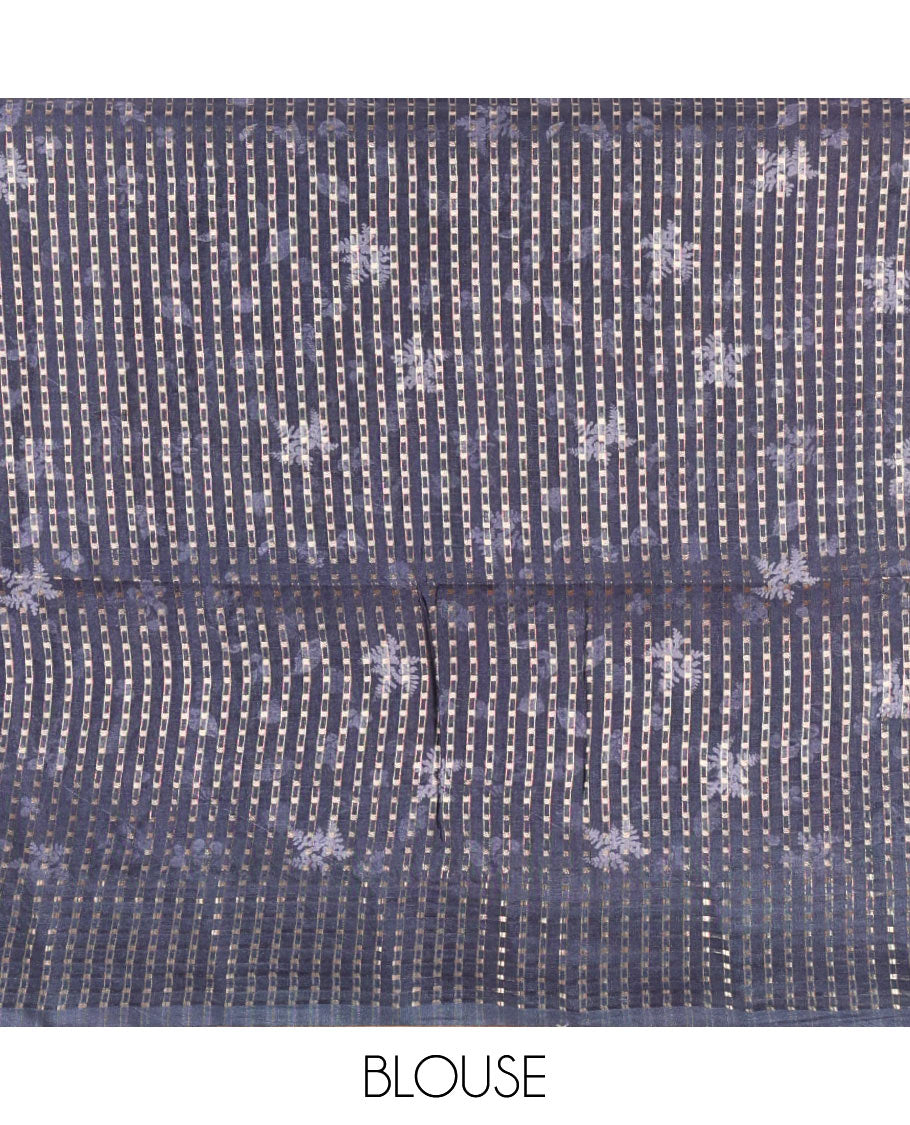 Grey leaf motifs eco-digital printed fancy tussar saree, zari border & pallu woven with dobby-style buttas