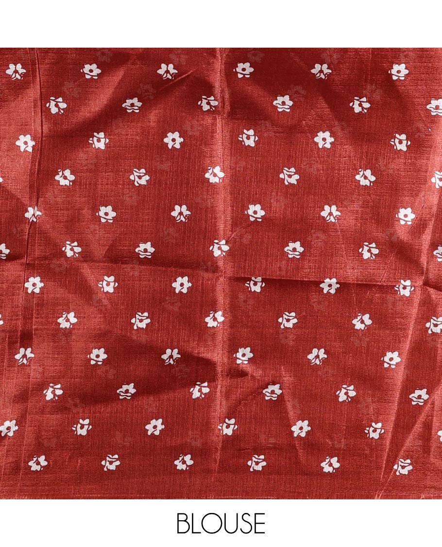 Half-white batik-style floral vine printed khadi cotton saree, contrast brown border, batik floral printed, and contrast flower motifs printed blouse