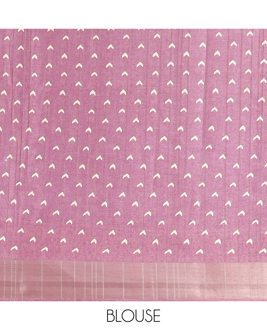 onion pink allover ajkrack printed design semi khicha silk saree with contrast gold zari bawarcchi border & ajrack printed pallu along with small butti printed design blouse