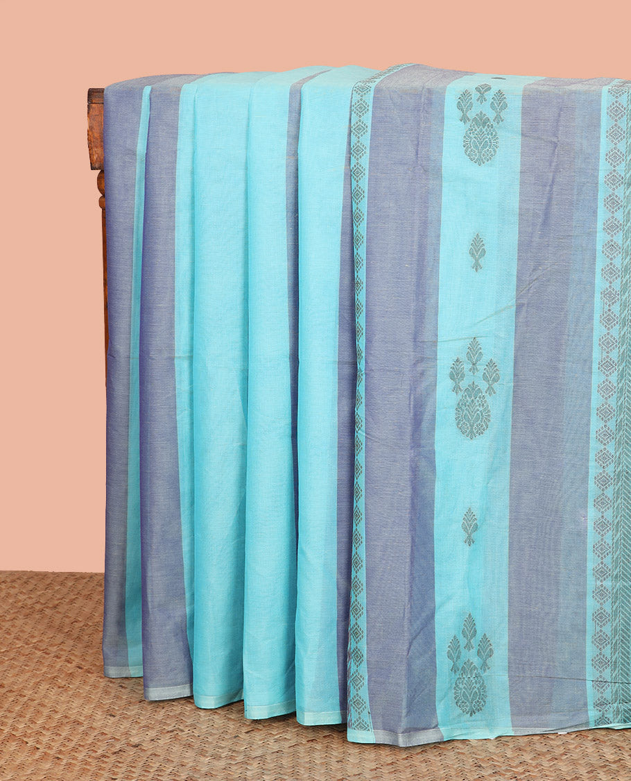 Borderless Blue Coimbatore Cotton Saree Prettified with Intricate Buttas All Over Its Body, Pallu Pictures Intricate Patterns, and Paired with a Plain Matching Blouse