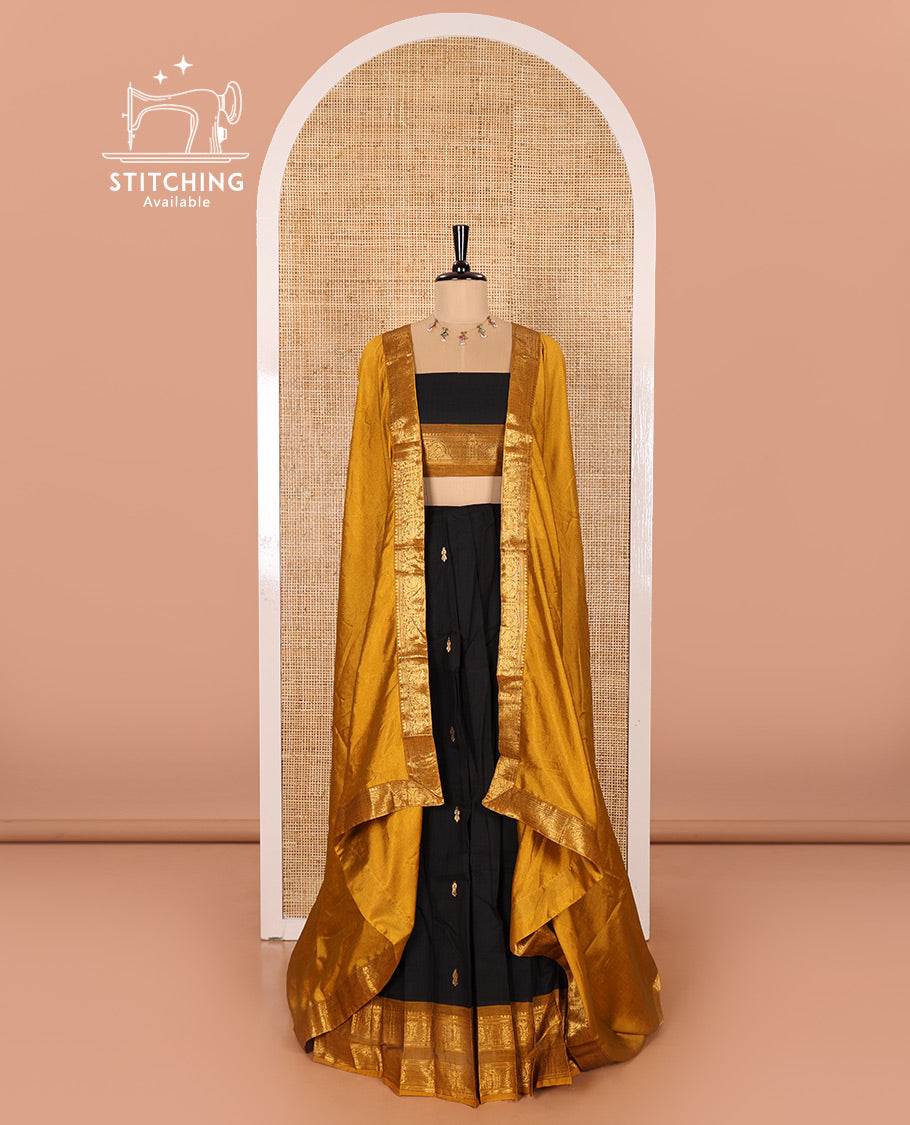 Black and Mustard Chettinad Cotton Half-Saree Featuring Buttas Woven Skirt, Highlighted with a Contrast Rettai Pettu Peacock Motifs Woven Zari Border, a Subtly Woven Matching Blouse, and a Vichitra Silk Contrast Traditional Zari-Bordered Dhavani