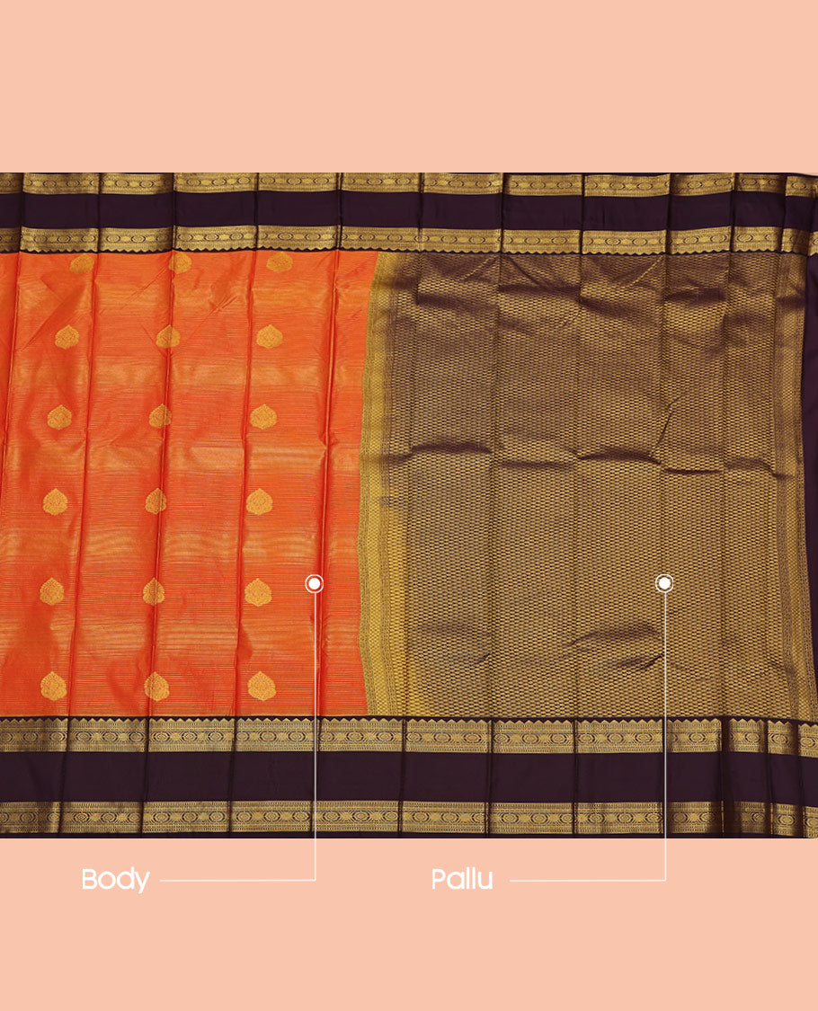 Orange Budget Silk Saree, Adorned with Zari Buttas and Stripes on Its Body, Complemented by Contrast Traditional Zari Design Rettai Pettu Border, Grand Jaal Pallu, and Paired with a Contrast Blouse